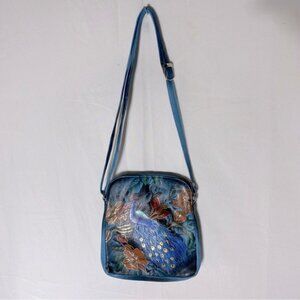Vintage 90’s Biacci Hand Painted Peacock On Leather Crossbody Shoulder Bag Purse